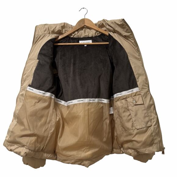 Calvin Klein Womens Fitted Down Puffer Jacket Size M Tan Faux Fur Hood Outdoor - Picture 7 of 12